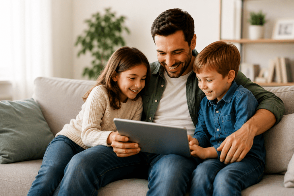 Familienvater mit zwei Kindern schaut gemeinsam auf ein Tablet beim digitalen Familiencheck von Kids Protect